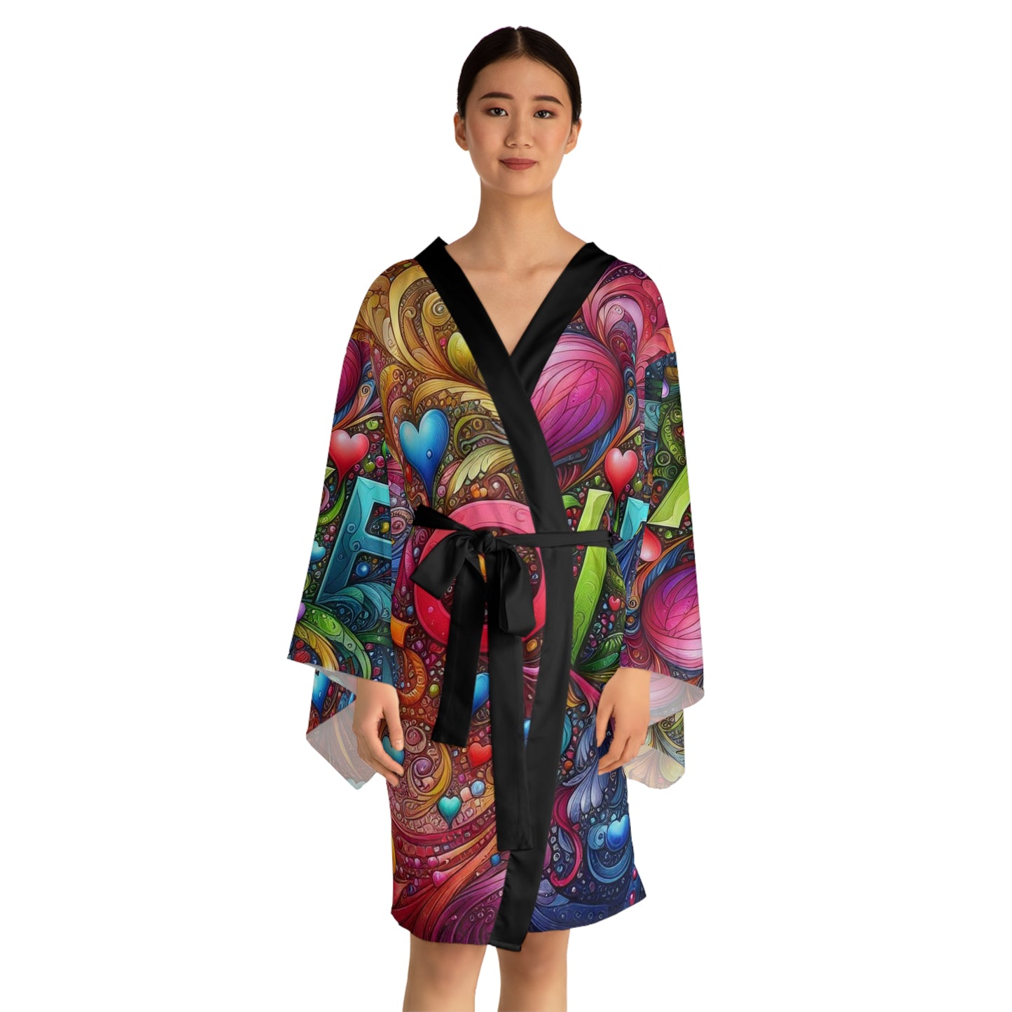 Vibrant Love Pattern Long Sleeve Kimono Robe - Perfect for Relaxation and Self-Care