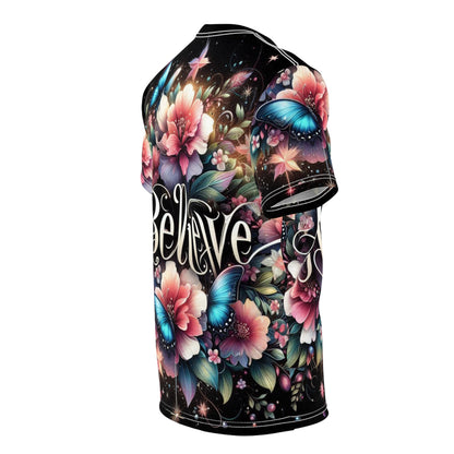 ‘Believe’ Floral Butterfly Unisex Tee - Vibrant Art Tee for Inspiration and Positivity