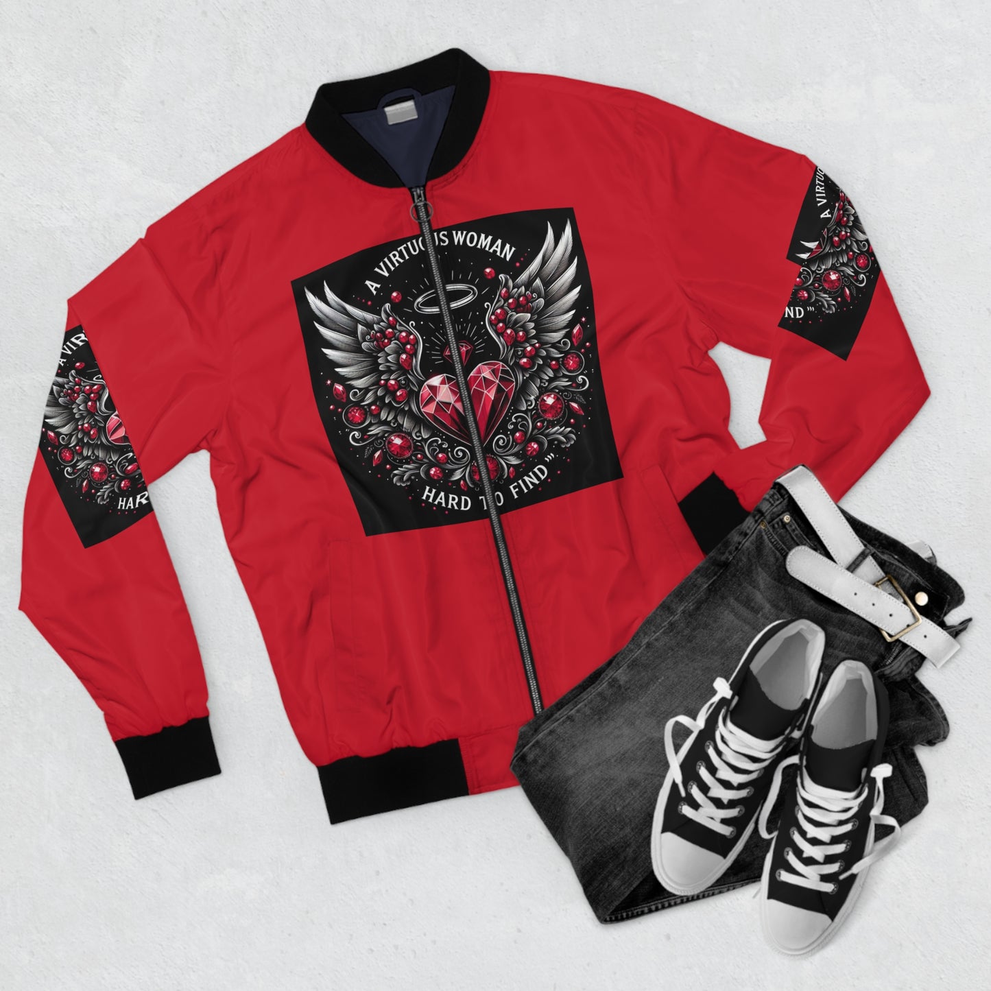 Men's Bomber Jacket - A Virtuous Woman - Red & Black Graphic Design