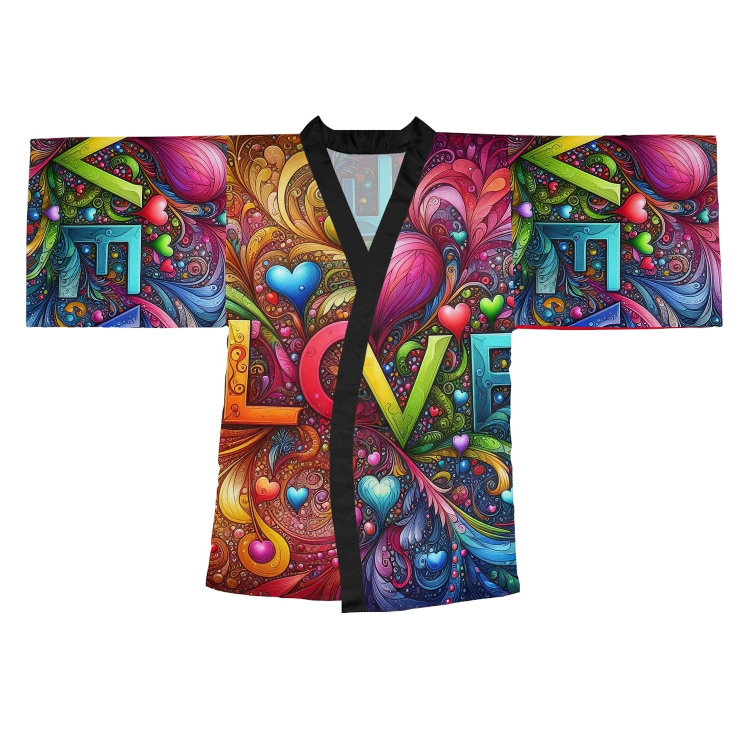 Vibrant Love Pattern Long Sleeve Kimono Robe - Perfect for Relaxation and Self-Care