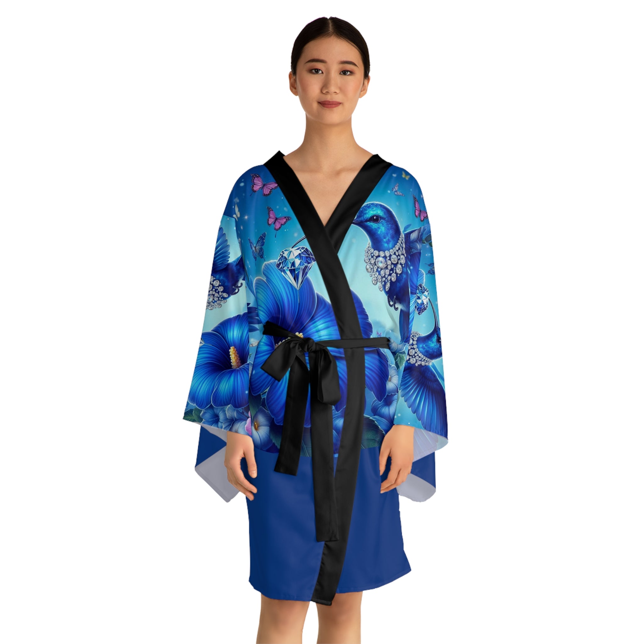 Elegant Floral, Diamond, Blue Humming Bird Long Sleeve Kimono Robe - Perfect for Home Spa Days & Special Occasions