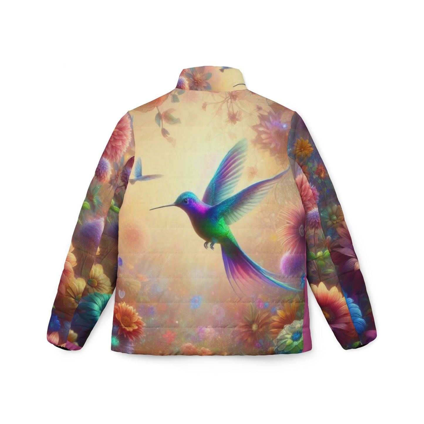 Vibrant Floral Hummingbird Women’s Puffer Jacket - Colorful Winter Outerwear for Nature Lovers