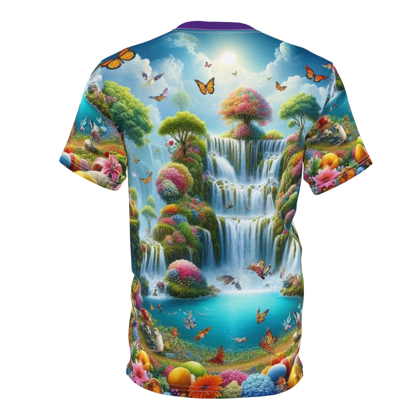 Vibrant Nature Scene Unisex Cut & Sew Tee - Butterfly & Waterfall Design