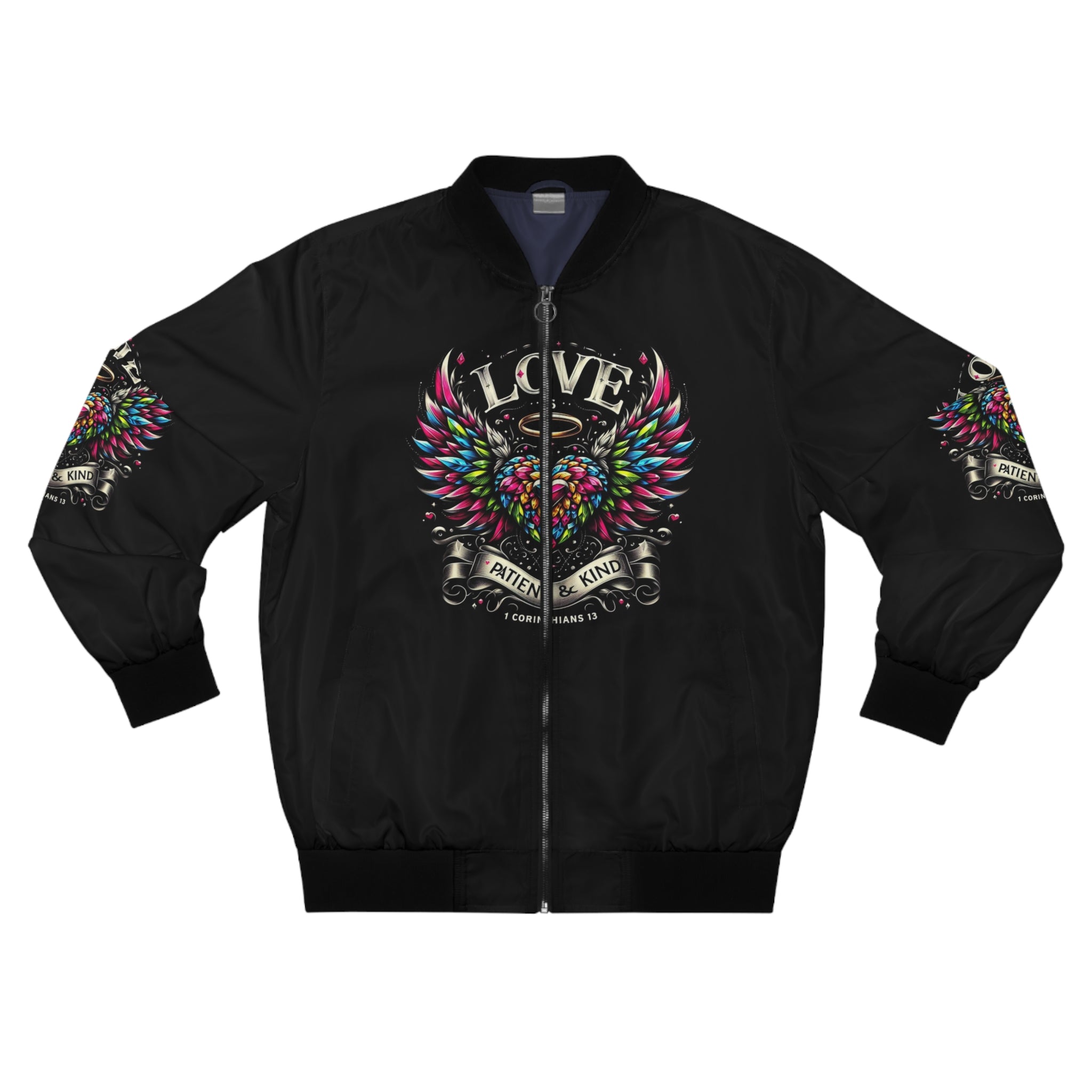 Men's Love Bomber Jacket - Colorful Heart Wings & Inspirational Quote