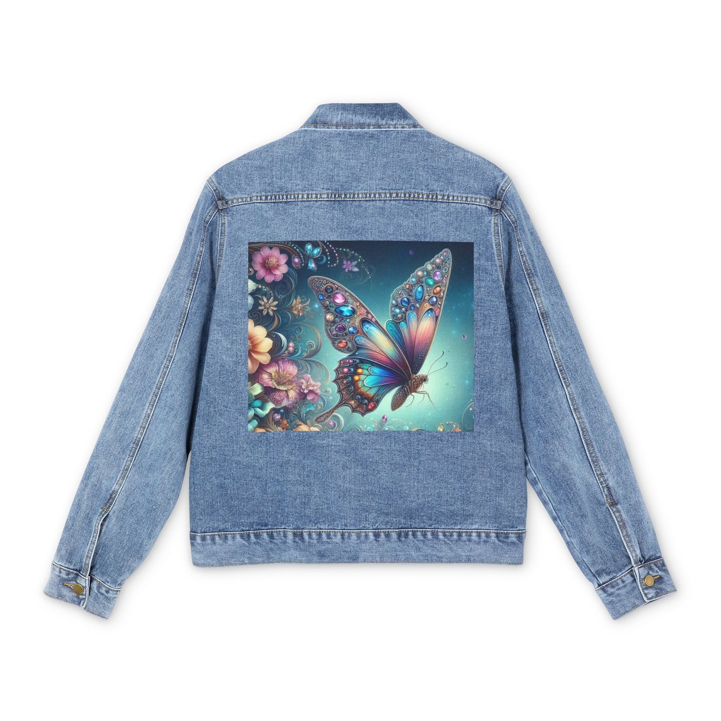 Men's Denim Jacket with Colorful Butterfly Design - Stylish Casual Outerwear